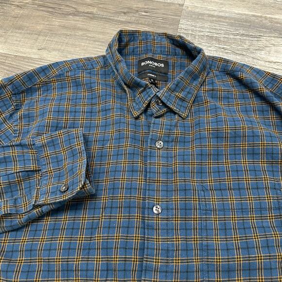 Bonobos Blue‎ Orange Plaid Mens XL Standard Fit Stretch Button Up Flannel Shirt - Picture 1 of 10